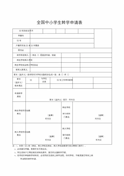 全国中小学生转学申请表(样表)