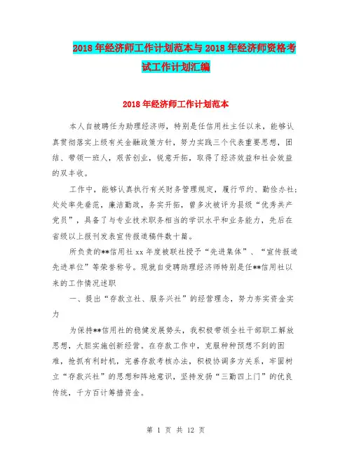 2018年经济师工作计划范本与2018年经济师资格考试工作计划汇编.doc