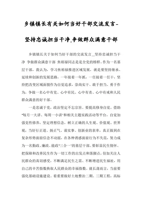乡镇镇长有关如何当好干部交流发言-坚持忠诚担当干净,争做群众满意干部