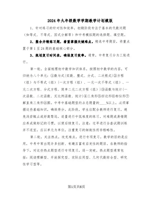 2024年九年级数学学期教学计划模版（二篇）