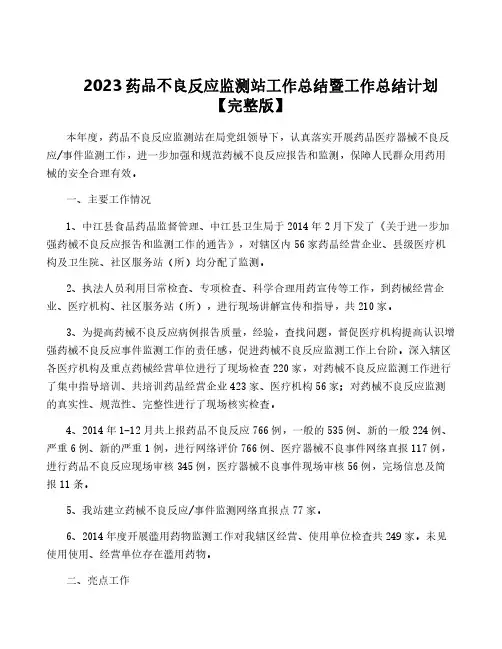 2023药品不良反应监测站工作总结暨工作计划【完整版】