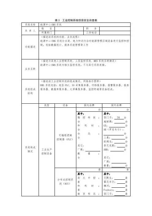 表3  工业控制系统信息安全自查表