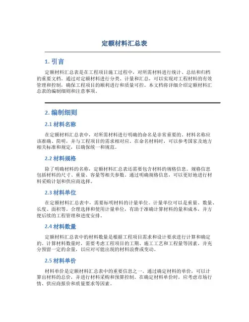 定额材料汇总表