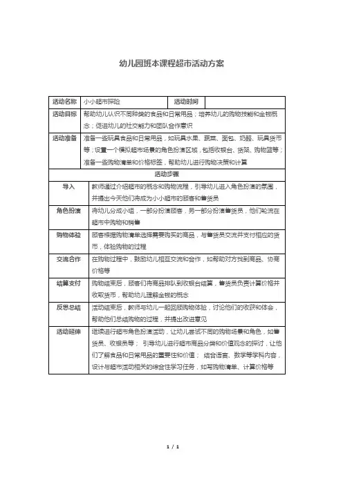 幼儿园班本课程超市活动方案