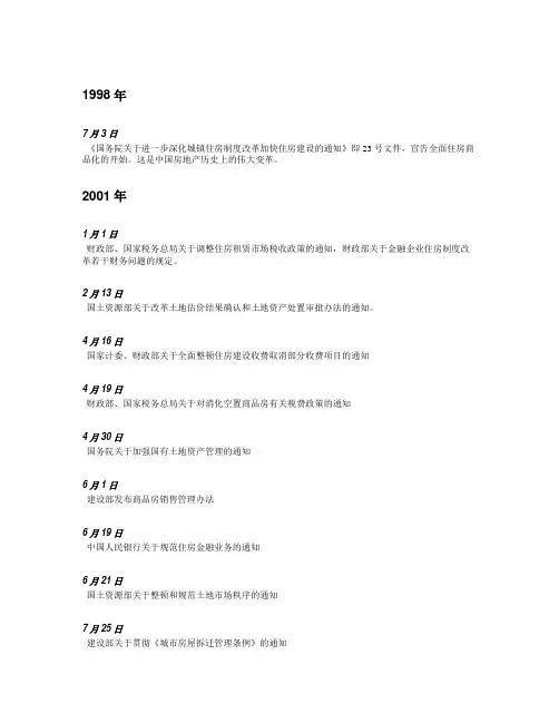 房地产政策大事记(1998年7月—2011年5月)