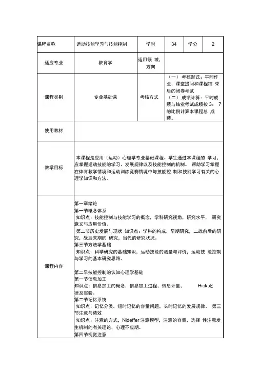运动技能学习与技能控制课程教学大纲