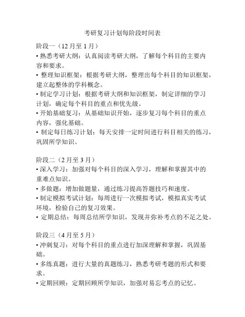 考研复习计划每阶段时间表
