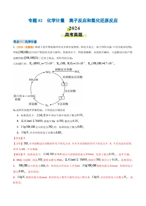 专题02  化学计量  离子反应和氧化还原反应-2024年高考真题和模拟题化学分类汇编
