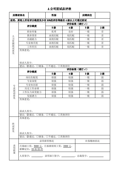 面试品评表