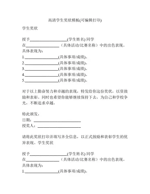 高清学生奖状模板(可编辑打印)