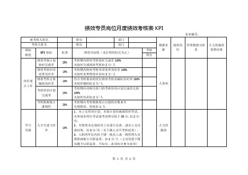 绩效专员岗位月度绩效考核表KPI