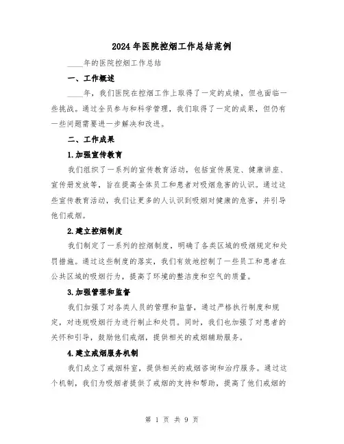 2024年医院控烟工作总结范例(4篇)