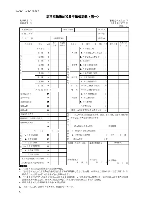 定期定额缴纳税费申报核定表(表一)