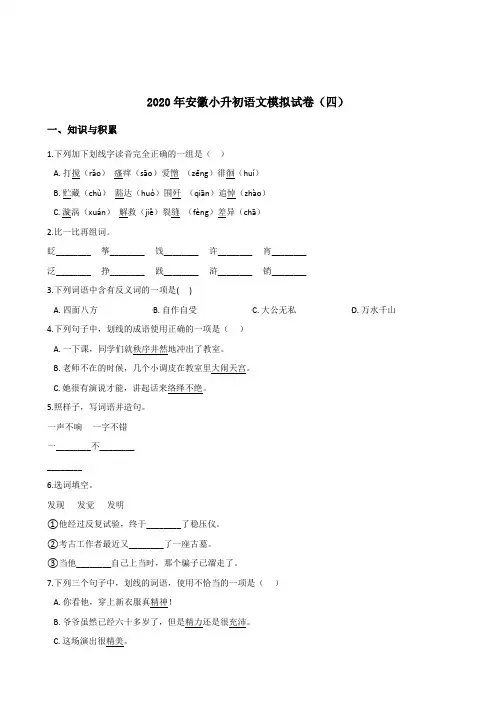 2020年安徽小升初模拟试卷(四)  部编版(含答案)