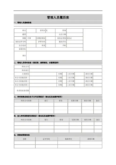 高管履历表模板