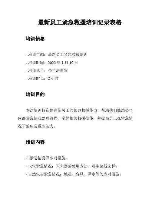 最新员工紧急救援培训记录表格