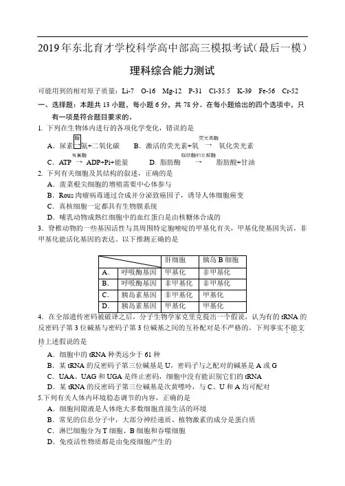 辽宁省东北育才中学科学高中部2019届高三最后一模理综生物试题