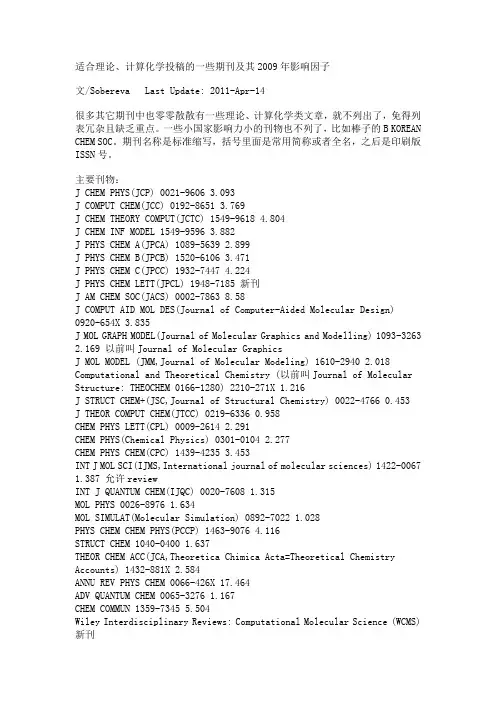 化学专业期刊2012影响因子