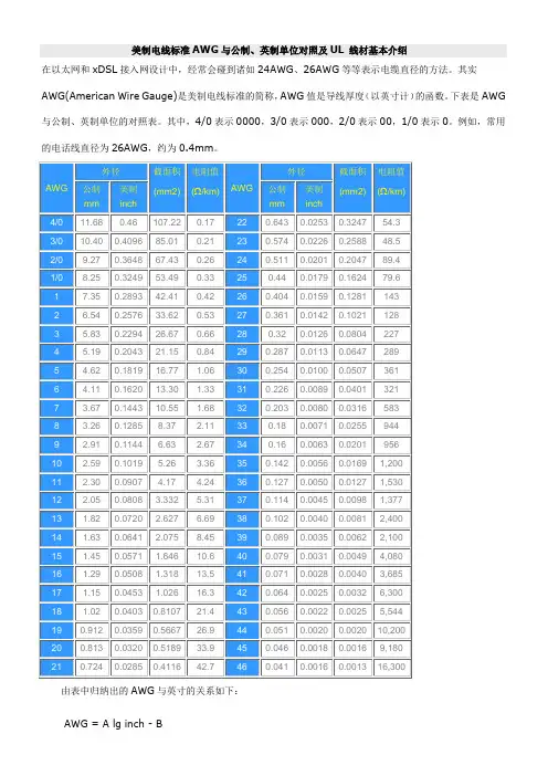 美制电线标准AWG与公制、英制单位对照及UL 线材基本介绍