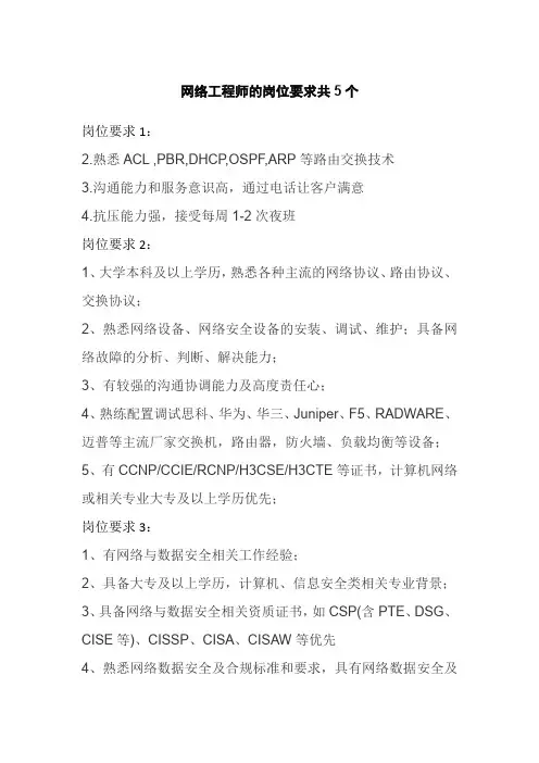网络工程师的岗位要求共5个