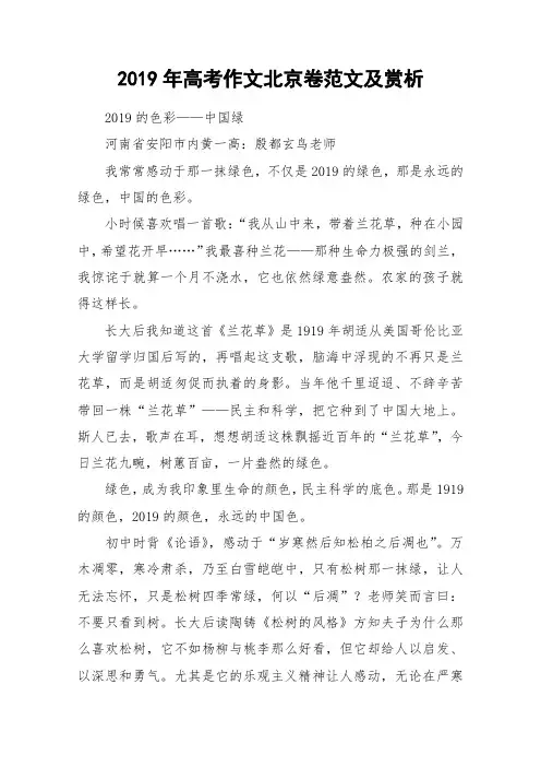 2019年高考作文北京卷范文及赏析_作文