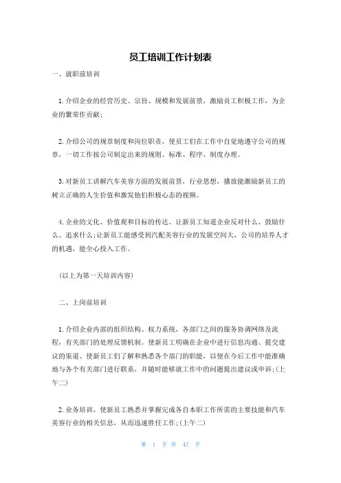 员工培训工作计划表