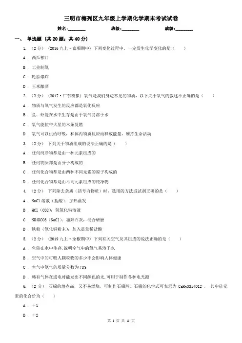 三明市梅列区九年级上学期化学期末考试试卷