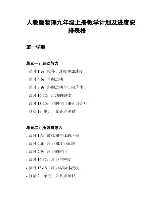 人教版物理九年级上册教学计划及进度安排表格