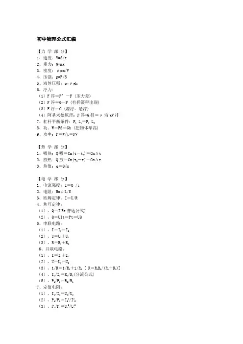 上海初中常用物理公式集合