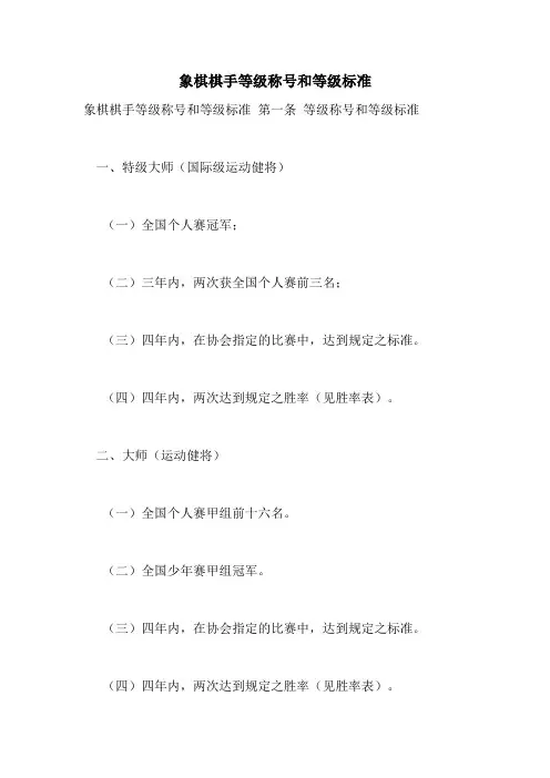 2021年象棋棋手等级称号和等级标准