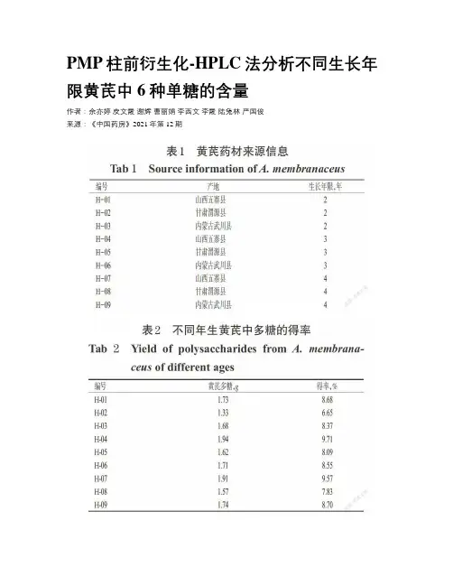 PMP柱前衍生化-HPLC法分析不同生长年限黄芪中6种单糖的含量