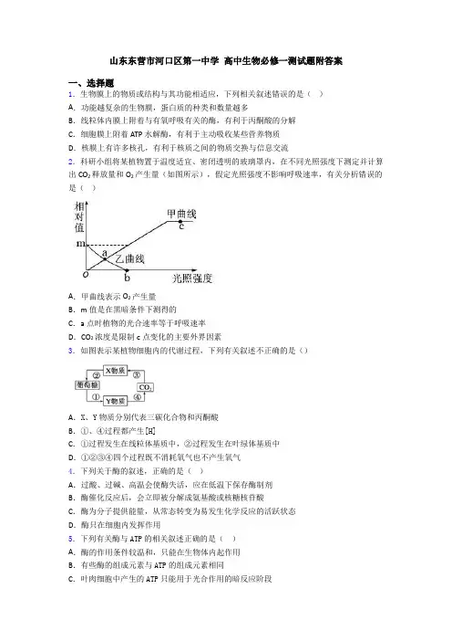 山东东营市河口区第一中学 高中生物必修一测试题附答案