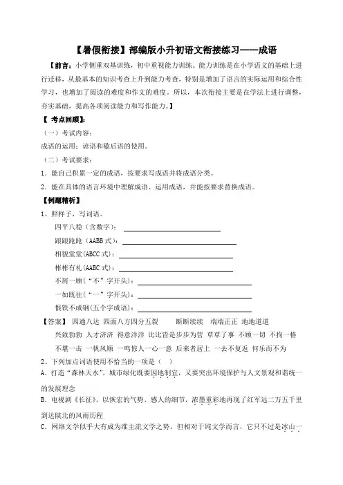 【精品独家】小升初衔接语文暑假练习：成语(一)(人教部编版,含答案,含解析)