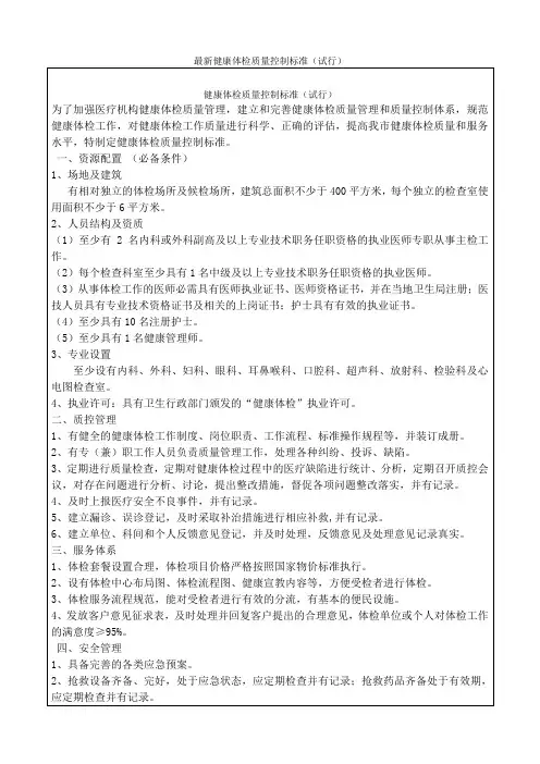最新健康体检质量控制标准(试行)