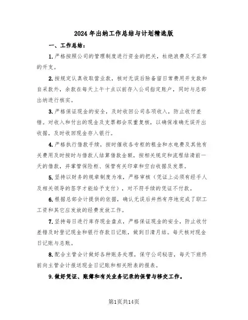 2024年出纳工作总结与计划精选版(5篇)