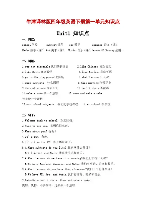 牛津译林版四年级英语下册第一单元知识点