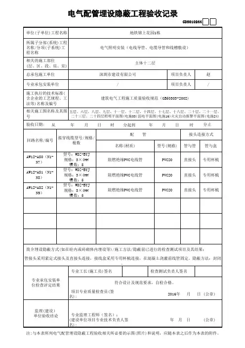 电气配管埋设隐蔽工程验收记录