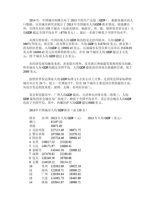 2013年中国城市人均GDP排名（前150名）