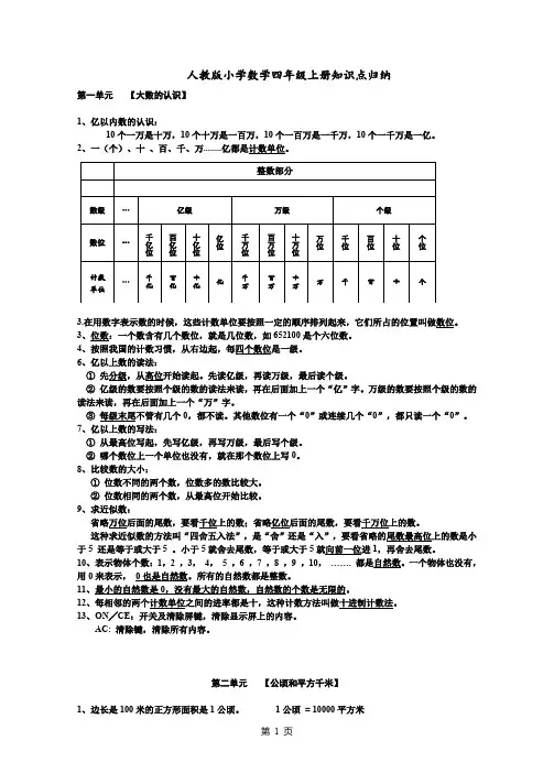 人教版小学四年级数学上册知识点归纳
