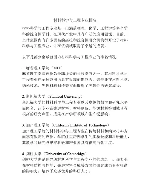 材料科学与工程专业排名