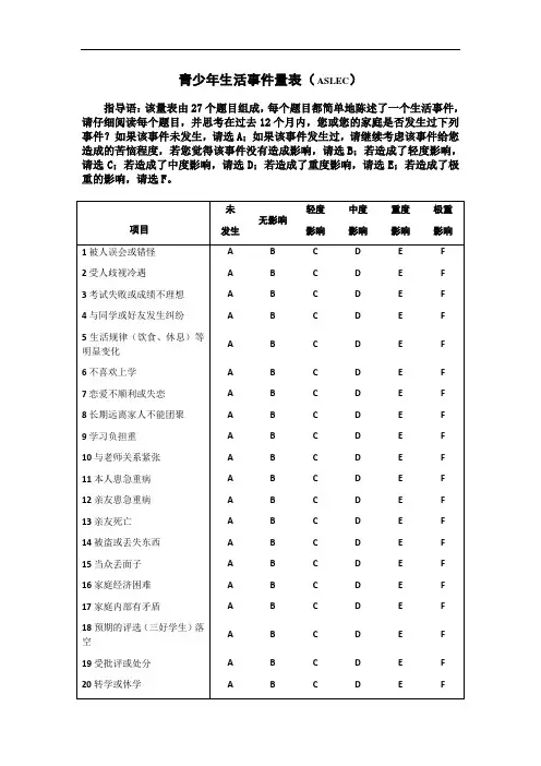 (完整版)青少年生活事件量表(ASLEC)(包括评分规则及诊断标准)
