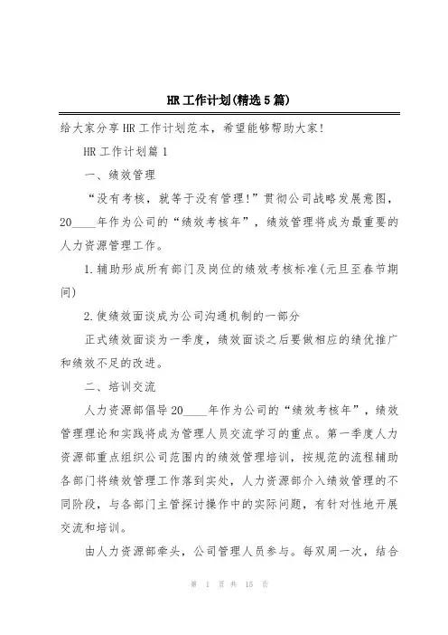 HR工作计划(精选5篇)