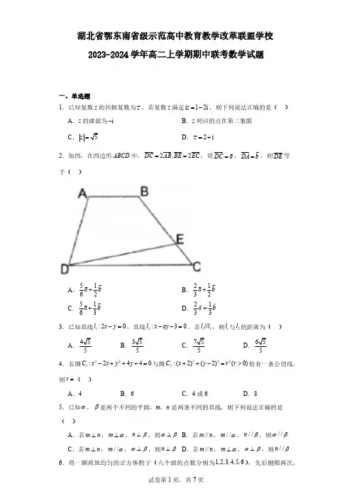 湖北省鄂东南省级示范高中教育教学改革联盟学校2023-2024学年高二上学期期中联考数学(附解析版)
