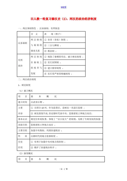 高考历史旧人教一轮复习秦汉史(2)：两汉的政治经济制度