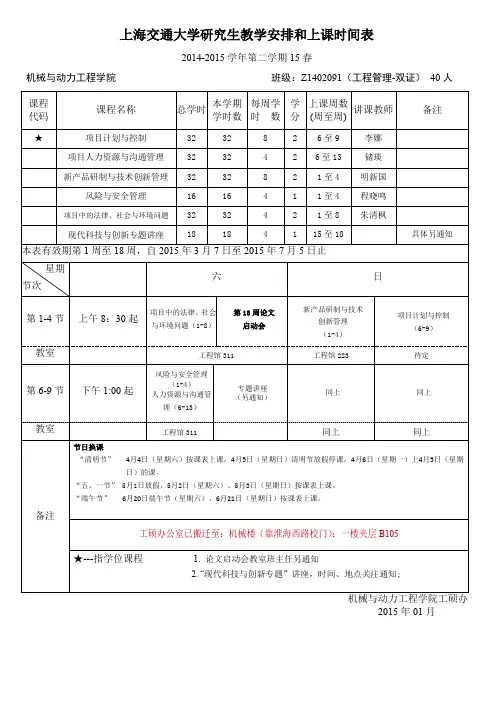 上海交通大学工程管理MEM-第二学期课表