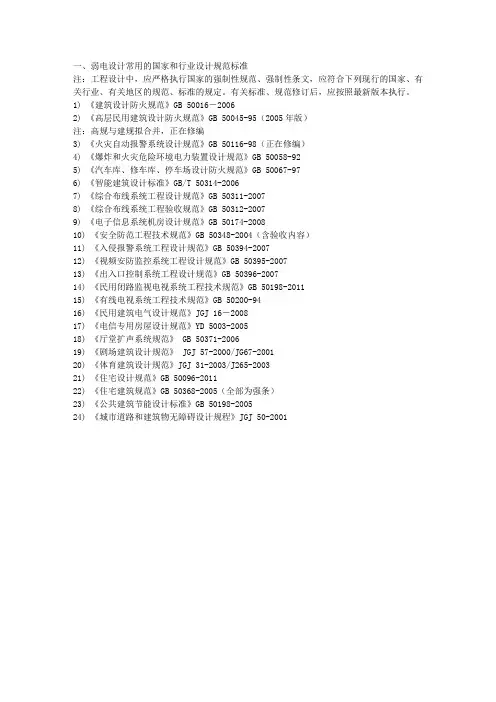 弱电设计常用的国家和行业设计规范标准