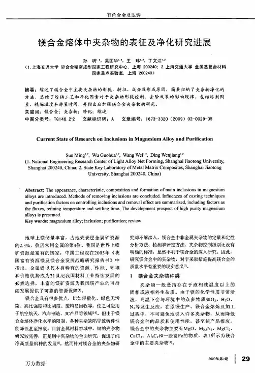 镁合金熔体中夹杂物的表征及净化研究进展