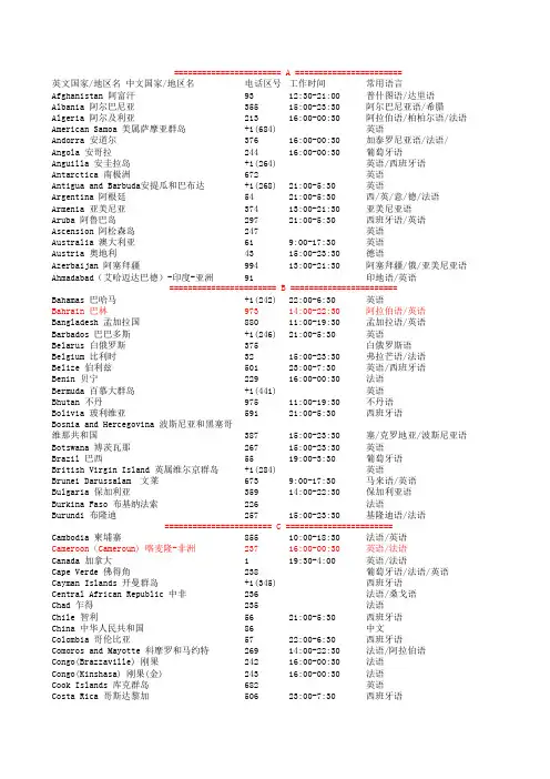 世界各国地区-电话区号-工作时间和常用语言