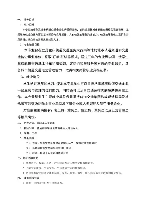 城市轨道交通运营管理专业人才培养方案