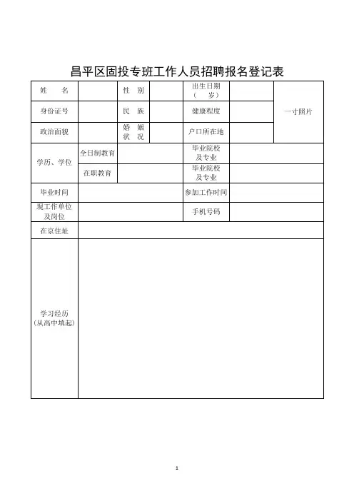 昌平区固投专班工作人员招聘报名登记表
